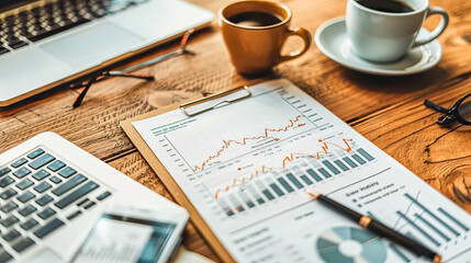 Businessman analyzing financial charts and data on a wooden desk