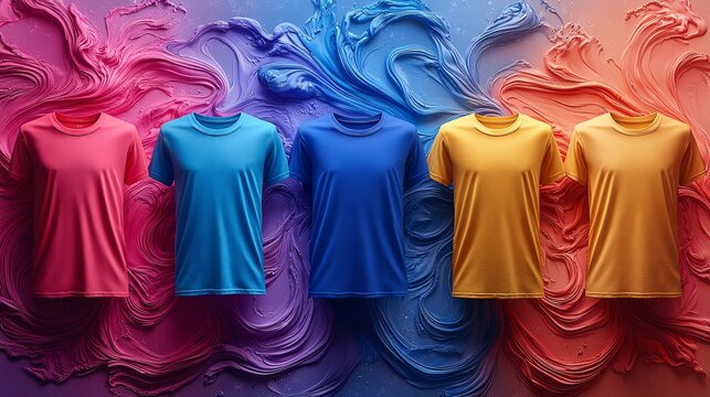 A conceptual display of male t-shirts in bright colors with abstract vector designs hovering above