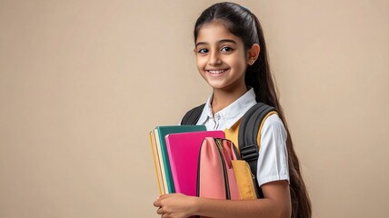 Naklejka premium Happy Indian student schoolgirl wearing school uniform holding books and bag standing isolated over beige background, generative ai