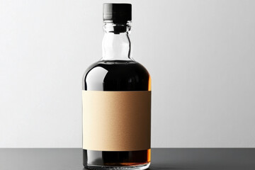 Glass bottle with blank label filled with dark liquid on a plain background
