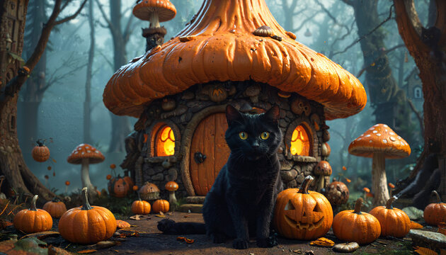 Maison de champignon magique avec chat noir