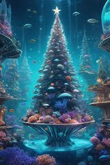 Fototapeta premium Holographic christmas tree glowing in futuristic underwater city