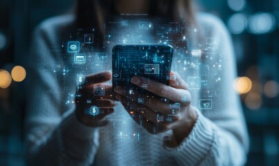 Futuristic mobile banking & digital financial services concept, person using smartphone holographic currency, banking, money transfer icons, integration of technology in modern fintech, Generative AI