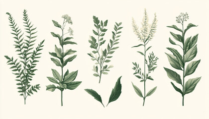 Fototapeta premium Hand-drawn vintage illustrations of different plant species, paired with soft, muted colors for a calming and artistic vibe