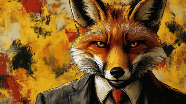 A sly fox in a suit stares intently at the viewer.