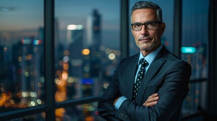 Mature male executive in a contemporary office, dressed in a dark suit and polka dot tie