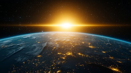 Obraz premium Dramatic Earth sunrise from space, with cities glowing and thin blue atmospheric light.