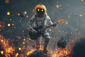 Fototapeta premium Cosmic Rock Star: The Pumpkin-Helmed Pilot's Fiery Solo