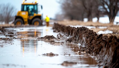 Construction machinery working on a muddy road with water pooling.