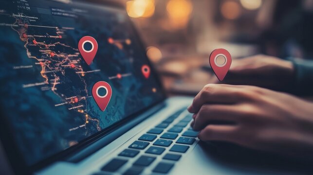 Local search engine optimization concept with people placing location pins on laptop screen, marketing strategy to improve online visibility and attract nearby, Generative AI