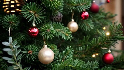 Naklejka premium A detailed close-up of a Christmas tree, focusing on ornaments and twinkling lights, capturing the essence of the festive season