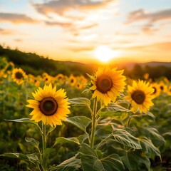 Obraz premium A sunrise over a sunflower garden symbolizing new beginnings for the New Year.