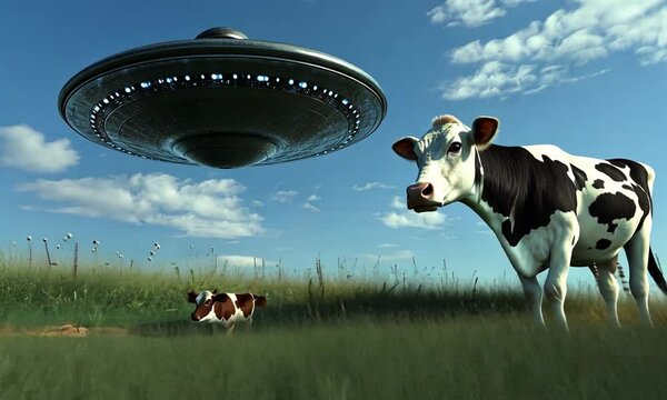 alien and cow in the sky. mixed media
