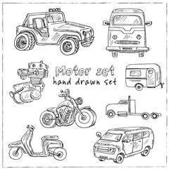 Motor hand drawn doodle set. Vector illustration. Isolated elements on white background. Symbol collection.