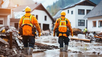 Rescue workers navigating through flooded debris in rural recovery efforts
