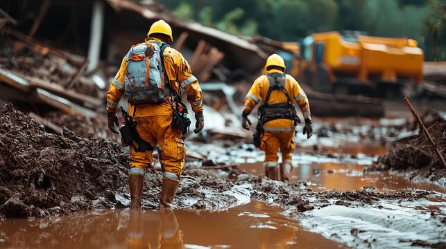 Rescue workers in yellow suits navigating floodwaters during a disaster response.
