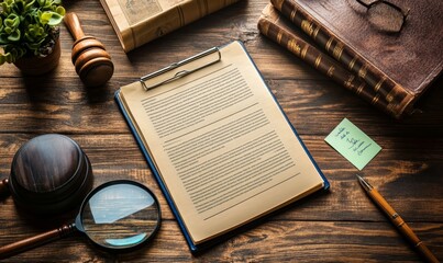 Detailed preparation for personal injury claims with notepad, pen, magnifying glass, and sticky note on a wooden desk highlighting legal documentation, Generative AI