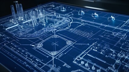 A detailed shot of an engineer interacting with large digital blueprints displayed on a high-tech screen in a laboratory setting
