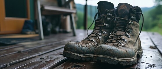A close-up of muddy hiking boots on a wooden deck, suggesting outdoor adventure and the aftermath of a recent trek through nature.
