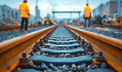Obraz premium Focused View on Railway Tracks with Blurred Background of Railroad Workers in High Visibility Clothing Inspecting the Site, Generative AI