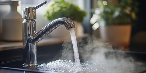 Hot water flowing from a modern faucet with steam rising, signifying hygiene, warmth, and the comforts of a well-equipped home, Generative AI