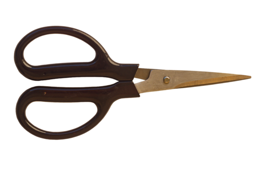 Household scissors with black plastic handles when closed, the tip is directed to the right isolated on transparent, white background, close-up, top view. Blank form for artworks. Stationery Tools