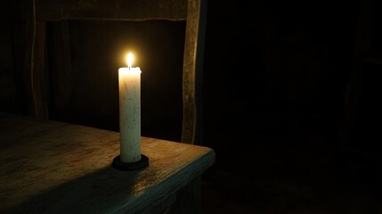A lit candle on a wooden table casts a warm glow in a dimly lit setting, creating a calm and serene atmosphere.