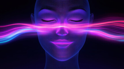 A giant surreal face beaming a smile, made entirely of flowing light, with colorful energy swirling around it, light smile, joyful encouragement, Lively, Minimalist,