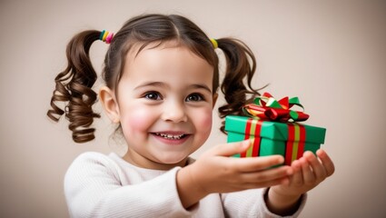Adorable little girl smiling while handling a Christmas gift