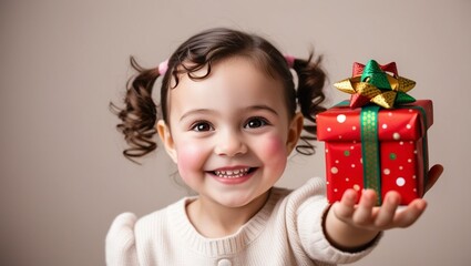 Adorable little girl smiling in a ponytail while handling a Christmas gift