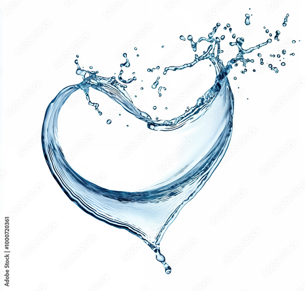 Poster water splash forming heart shape on white background