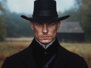 Rugged cowboy in black hat and coat