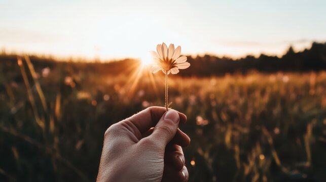 A hand holds a delicate flower against a sunset backdrop, capturing the beauty of nature in a serene field.