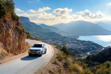 Luxury SUV driving on a scenic mountain road with a city view, ideal for travel promotions, road trip articles, or car advertisements. generative ai