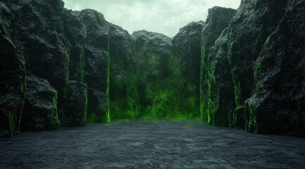 Mysterious dark canyon with glowing green moss