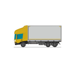 3D Isometric Cargo Truck Half Tone Vector Illustration Modern YellowCabine and White Van Intercity Delivery Vehicle 6x4Design for Logistics Transport Presentation Social Media Video Promo Left
