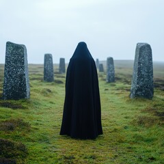 mysterious figure in dark cloak standing among ancient stone pillars