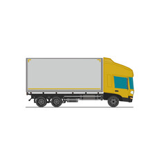 3D Isometric Cargo Truck Half Tone Vector Illustration Modern YellowCabine and White Van Intercity Delivery Vehicle 6x4Design for Logistics Transport Presentation Social Media Video Promo Right
