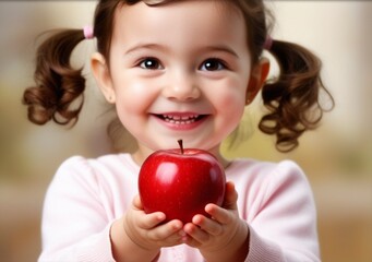 little girl happily receive an apple