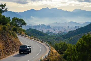 Fototapeta premium Luxury SUV driving on a scenic mountain road with a city view, ideal for travel promotions, road trip articles, or car advertisements. generative ai