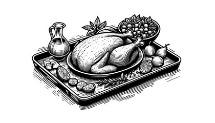 Line drawing, delicious roast chicken on the baking sheet