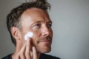 Happy middle aged 40 years old man applying facial anti age skincare cream on face isolated on white background. Smiling mature handsome male model advertising skin care product.