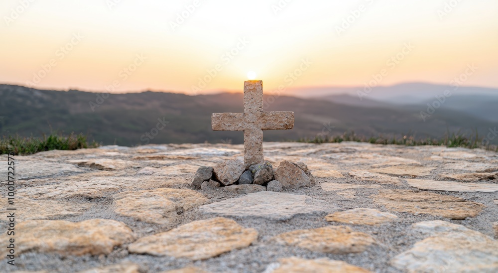 Wall mural stone cross on rocky landscape at sunset