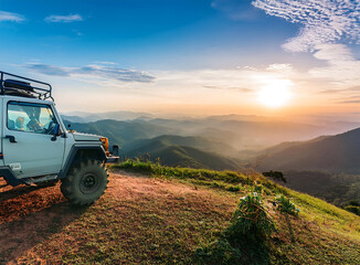 adventure off-road vehicle, standing at the sunrise view point along the mountain side