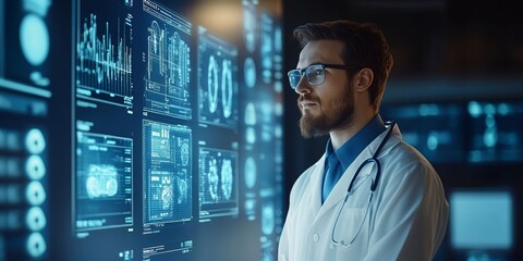 Healthcare professional using futuristic medical software for patient data analysis with an interactive virtual interface in a modern clinic, Generative AI