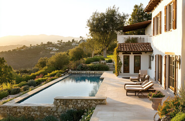 Fototapeta premium the backyard and pool area at sunset. A beautiful house in Beverly Hills, with a small garden on the right side.