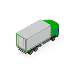 3D Isometric Cargo Truck Half Tone Vector Illustration Modern GreenCabine and White Van Intercity Delivery Vehicle 6x4Design for Logistics Transport Presentation Social Media Video Promo Back Right
