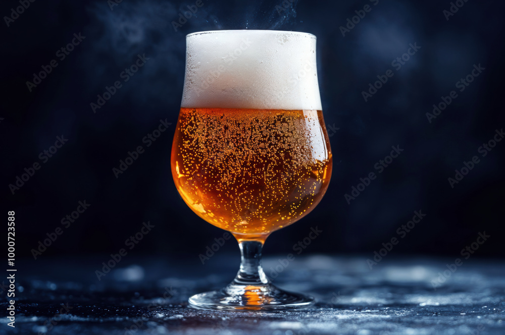 Poster glass of cold beer with bubbles and foam standing on bar counter