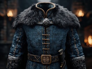 Intricate medieval costume with fur collar and embroidered details