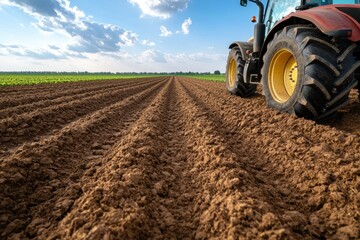 Obraz premium Tractor plowing agricultural field with cloudy sky